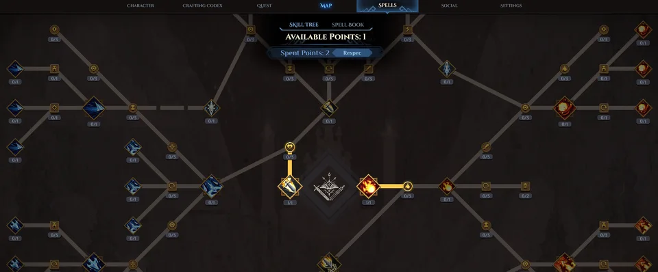 Dimraeth skill tree with connected branches and spell nodes