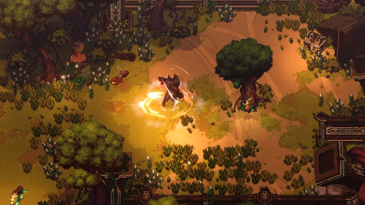 A Minotaur attacking in a forest clearing, surrounded by a bright circular combat effect