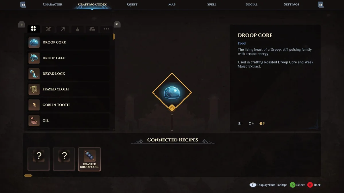 Dimraeth Crafting Codex showing a Droop Core and its connected recipes