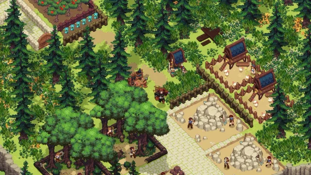 Dimraeth homestead with planted crops, animal pens, and stone paths among trees
