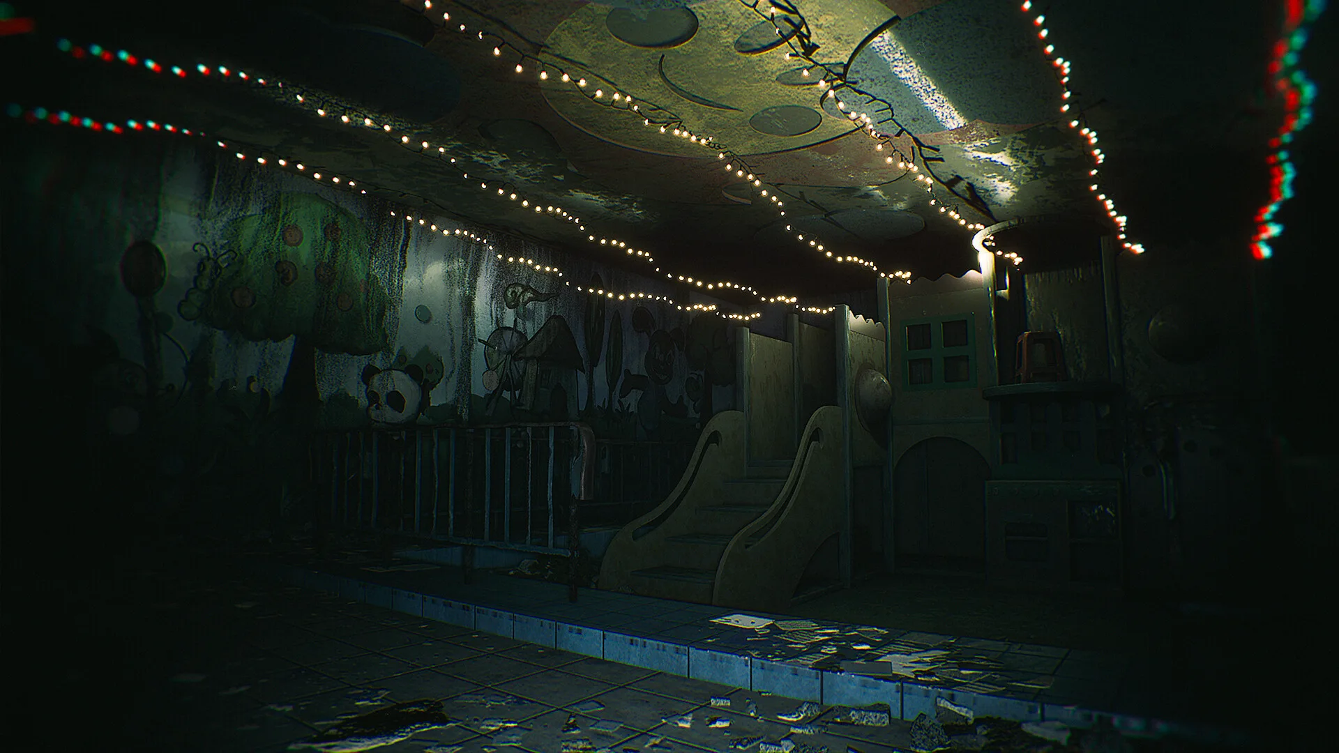 Dilapidated hospital hallway with peeling green walls and scattered medical equipment in Hariti