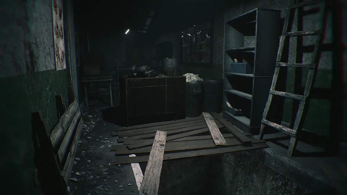 Dilapidated maintenance corridor with wooden planks laid across a deep floor trench and ladders against the wall in Hariti