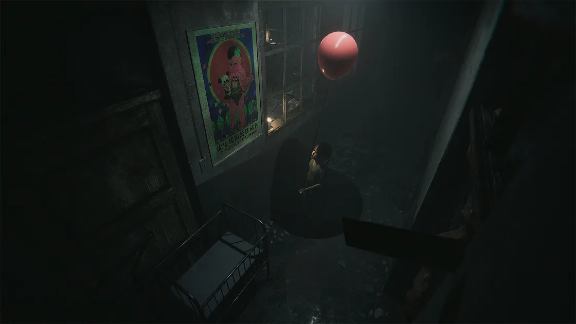 Child standing in a dark hospital room holding a red balloon beneath an empty crib and a Chinese prenatal care poster