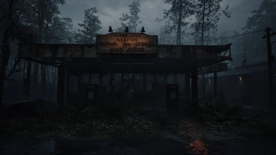 An abandoned retro gas station under dense fog and rain in Whispers in the Fog