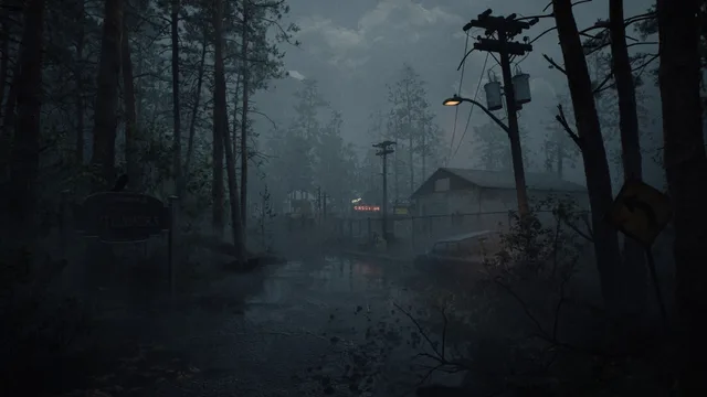 Dense paranormal fog enveloping an abandoned road and gas station in Whispers in the Fog