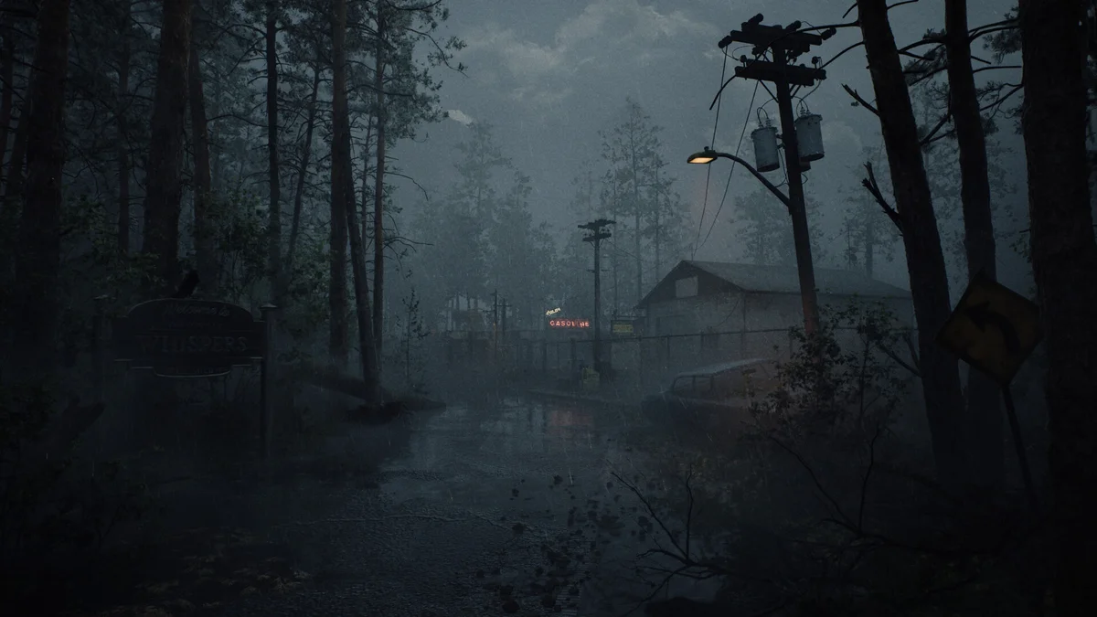 Dense paranormal fog enveloping an abandoned road and gas station in Whispers in the Fog